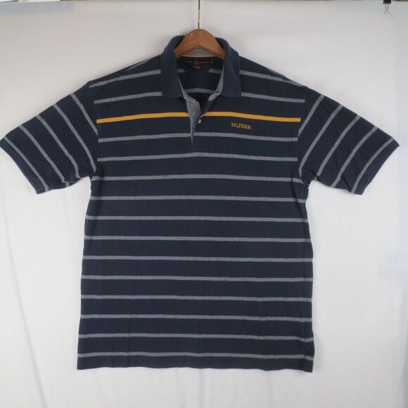 VTG Tommy‎ Hilfiger Polo Shirt Mens XL Blue Stripe Short Sleeve Preppy Golf Y2K - Picture 1 of 9